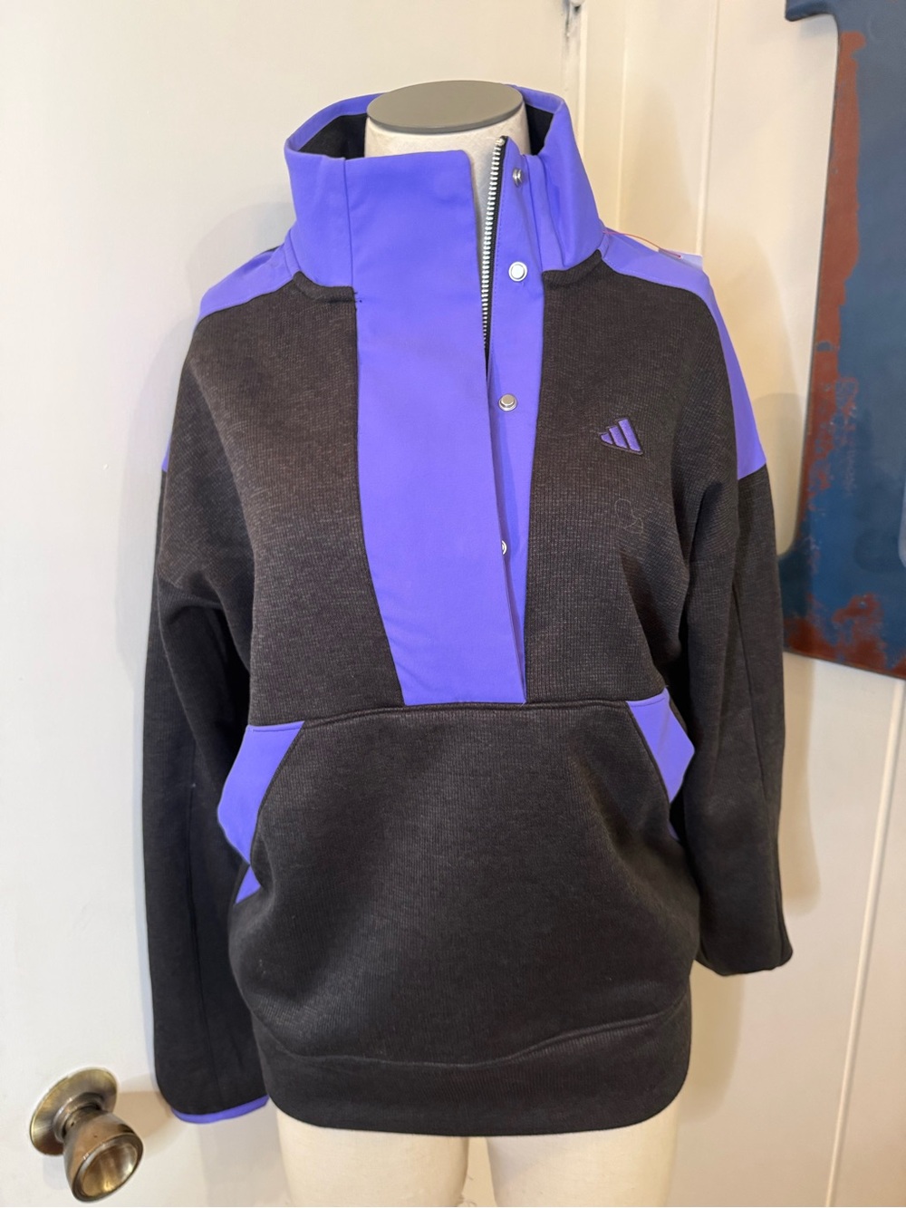 adidas Black and Purple Snap- and zipper Front Athletic Pullover. SZ S